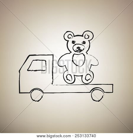 Truck With Bear. Vector. Brush Drawed Black Icon At Light Brown