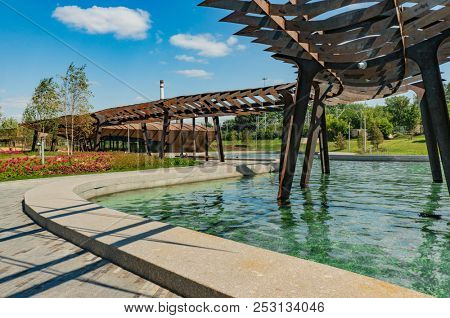 Moscow, Russia - July 06, 2018: Tufeleva roscha architecture park in Moscow. Summer day at landscape park walk