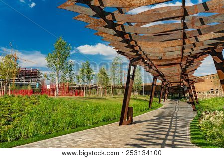 Moscow, Russia - July 06, 2018: Tufeleva roscha architecture park in Moscow. Summer day at landscape park walk