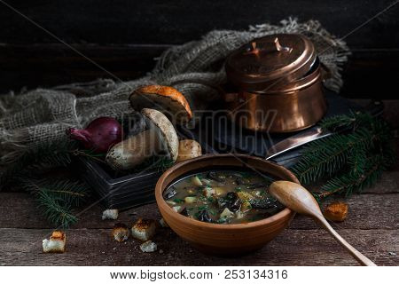 Mushroom Soup In Ceramic Bowl With A Copper Pan And Mushroom In Background, Dark Photo.
