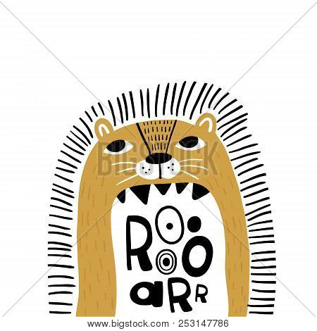 Cute Cartoon Lion In Scandinavian Style Say Roar. Childish Print For Nursery, Kids Apparel,poster, P
