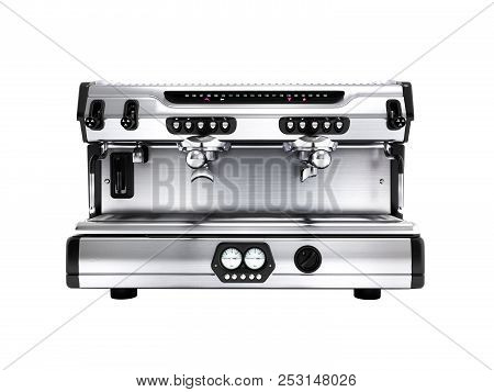 Modern Metal Professional Coffee Machine On Two Cups Front View 3d Render On White Background No Sha