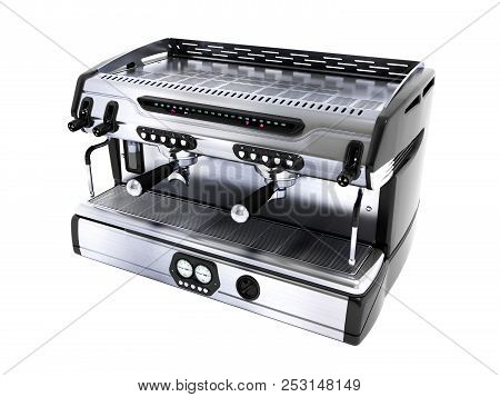 Modern Metal Professional Coffee Machine In The Coffeehouse View Perspective 3d Rendering On White B
