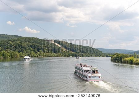 Donaustauf, Bavaria, Germany - July 27, 2018 : Renate Ship With Tourists Sails On Danube River To Wa