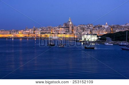 Early Morning Lights Of Valletta Grand Harbour From Sliema, Malta