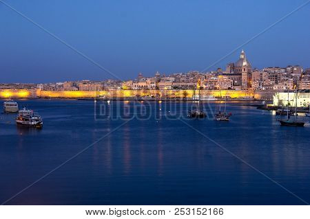 Early Morning Dawn Of Valletta Grand Harbour From Sliema, Malta