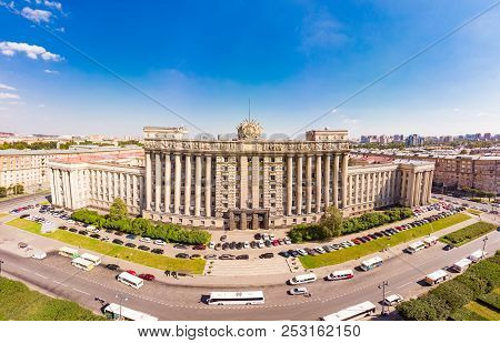 Saint Petersburg, Russia. Beautiful Panorama View From Drone, To The House Of Soviets In Summer Sunn