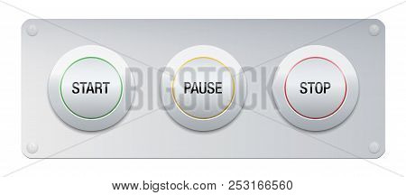 Start, Pause, Stop Button On A Metallic Panel For Instruments, Machines, Gadgets. Symbolic For Work 