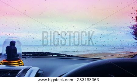 Rain On The Windshield On A Rainy Day. Sea View The Buddha In Cha Am, Thailand