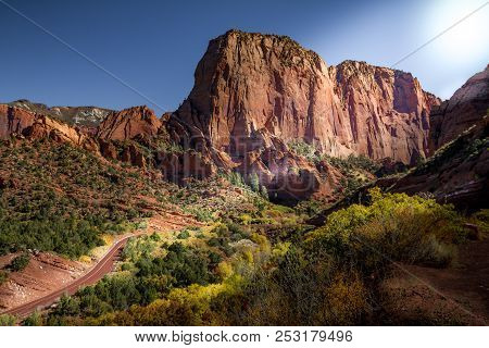 Spectacular Autumn View Of Kolob Canyon, Part Of Zion National Park In Utah, And Red Road Meandering