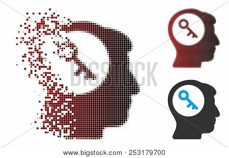 Vector Brain Key Icon In Fractured, Pixelated Halftone And Undamaged Whole Variants. Disappearing Ef