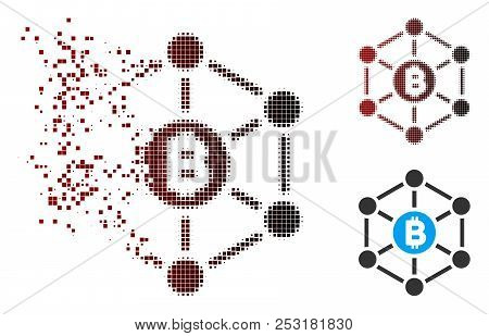 Vector Bitcoin Finance Netwok Icon In Dispersed, Pixelated Halftone And Undamaged Whole Versions. Di