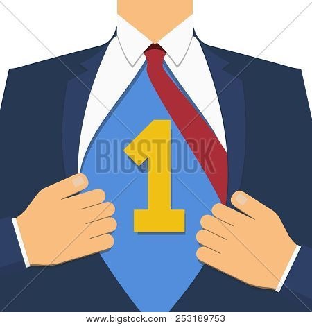 Business Goal Achievement Vector Concept. Businessman Show Us Business Goal Achievement On His Chest
