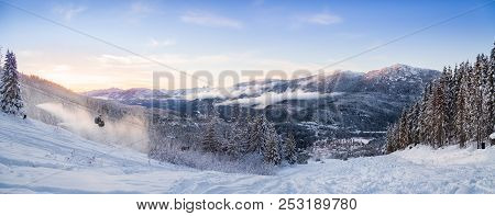 A Sunset Panorama Of The Creekside At Whistler, Bc.