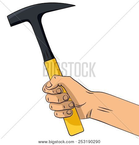 Hand Drawn Hammer In Hand. Vector Illustration, Isolated On White Background.