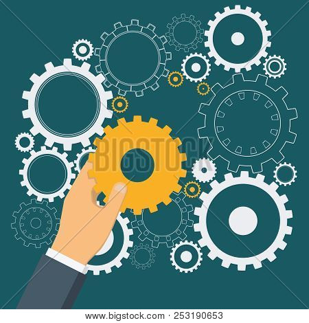 Hand Putting Gold Gear To Cogwheel Mechanism. Cogwheels As Symbol Of Successful Business. Vector Ill