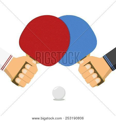 Tennis, Ping Pong Bats In Male Hands And Ball. Vector, Flat Design, Isolated On White Background.