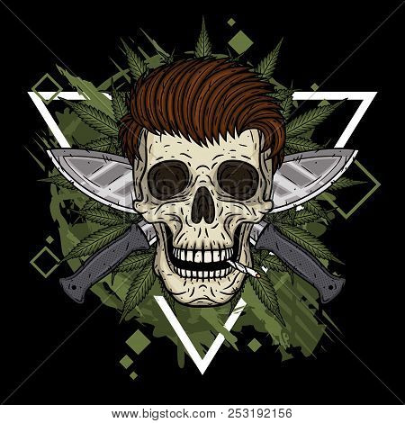 Human Skull With Two Crossed Machetes And Marijuana Leaves.