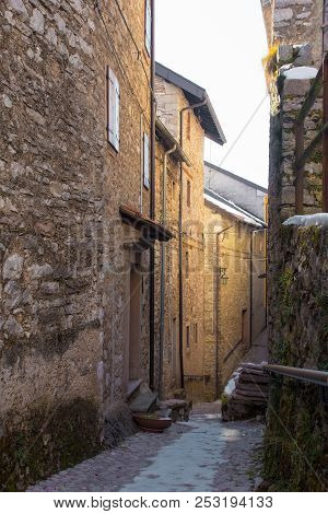 A Street In The Hill Village Of Casso In Winter Friuli Venezia Giulia, North East Italy. With A Popu