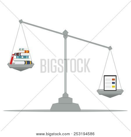 The Tablet And Books Lying On The Scales. Concept. The Tablet Is Heavier Than Books. Vector Illustra