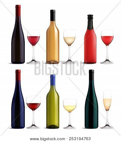 Wine And Glass Realistic Set With Red Pinkand White Wine Isolated Vector Illustration