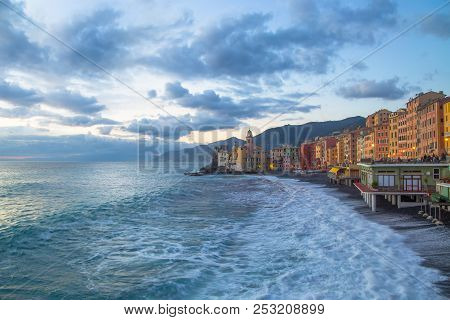 Camogli, Italy, November 10, 2016 - Beautiful Mediterranean Town At The Evening Time With Illuminati