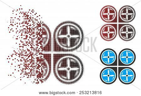 Vector Nanocopter Screws Rotaion Icon In Dispersed, Pixelated Halftone And Undamaged Whole Versions.
