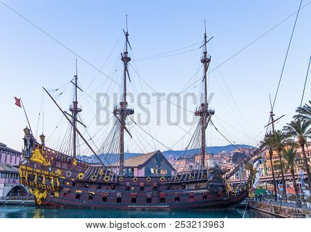 Genoa, Italy - December  6, 2016: Il Galeone Neptune Pirate Ship In Genoa, Italy.