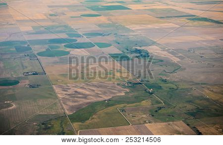 Aerial view of pivot irrigation on farms in Colorado, USA.