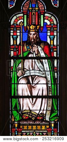PARIS, FRANCE - JANUARY 09: King Manasseh, stained glass window from Saint Germain-l'Auxerrois church in Paris, France on January 09, 2018.