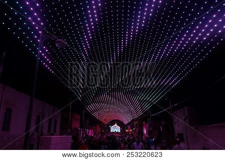 Beer Sheva, Israel - August 09, 2018: Festival Of Light In Beer Sheva 2018. Multicolored Illuminatio