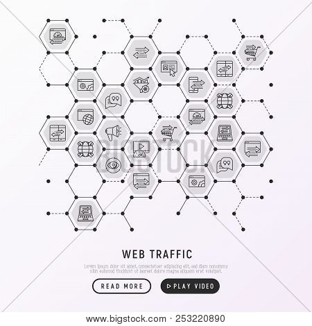 Web Traffic Concept In Honeycombs With Thin Line Icons: Seo Technology, Data Exchange, Sync, Click, 