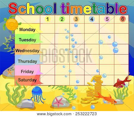 Design Of The School Timetable For Kids. Bright Underwater Background For The Planning Of The School