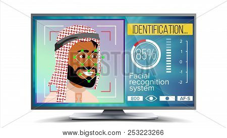 Face Recognition, Identification System Vector. Face Recognition Technology. Arab Face On Screen. Hu