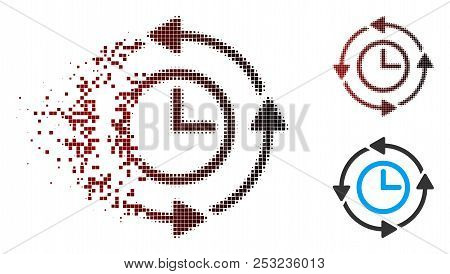 Vector Wayback Clock Icon In Dissolved, Dotted Halftone And Undamaged Solid Versions. Disintegration