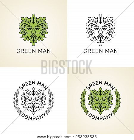 Vector Set Of Icons. Stylized Green Man Head With Oak Leaves.