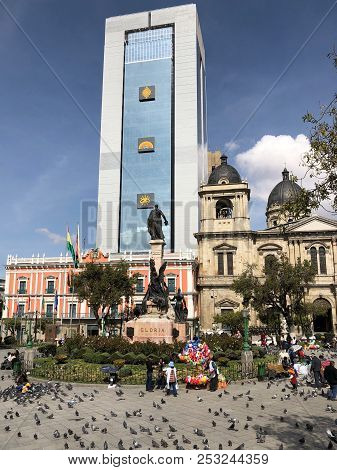 La Paz, Bolivia - June 2018: Daily Living In Plaza Murillo In La Paz, Bolivia