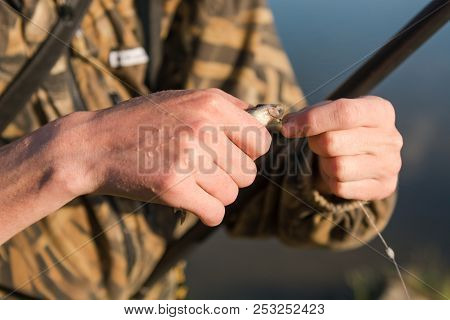 The Fisherman Puts On A Bait. Fishing.