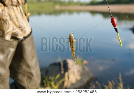 The Fisherman Puts The Bait On The Hook. Fishing.