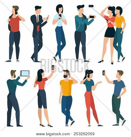 Young Trendy  People With Mobile Phones And  Gadgets. Fat Design  Teenager, Students, Girls And Wome
