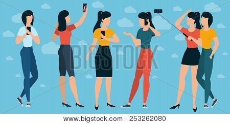 Young Trendy  People With Mobile Phones And  Gadgets. Fat Design  Teenager, Students, Girls And Wome