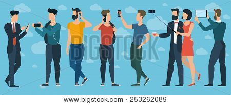 Young Trendy  People With Mobile Phones And  Gadgets. Fat Design  Teenager, Students, Girls And Wome