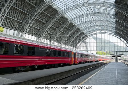Bergen, Norway - July 15, 2018: Train Standing On The Platform Of The Railway Station - Bergen Stati