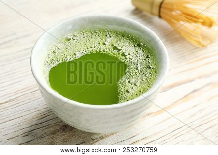 Chawan With Fresh Matcha Tea On Table