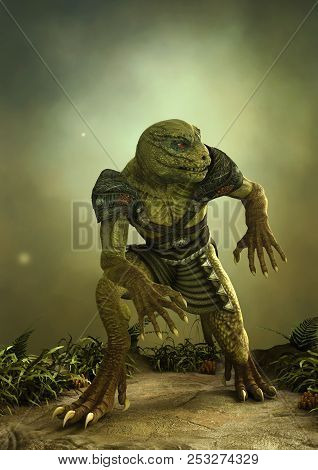 Fantasy Reptilian Warrior In A Relaxing Pose. 3d Illustration.