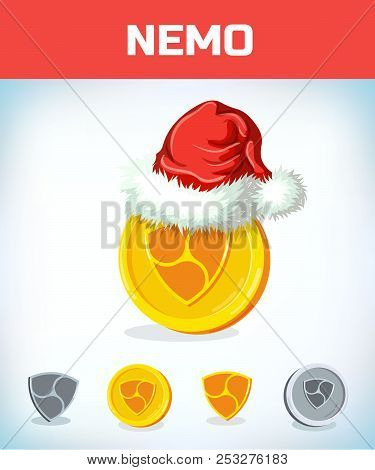Nemo Symbol And Santa Claus Hat. Cute Digital Currency. Gold Cryptocurrency. Happy New Year Nemo