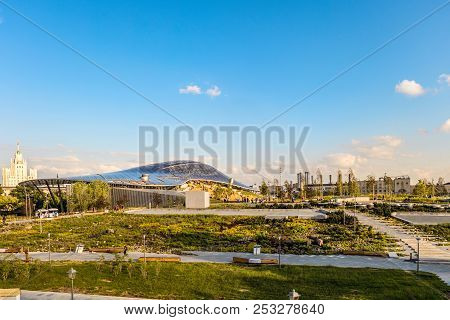 Moscow, Russia - June 13, 2018: Moscow Central Park Zaryadye. View On Philharmonic Society Concert H
