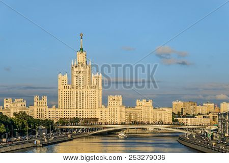 Moskvoretskaya Embankment And Kotelnicheskaya Embankment Moscow River With Stalinist Skyscraper 1938