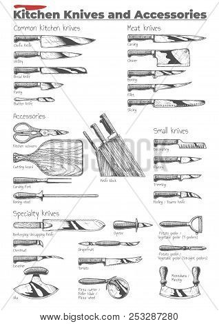 Kitchen Knives And Accessories. Vector Hand Drawn Illustration In Vintage Engraved Style. Isolated O