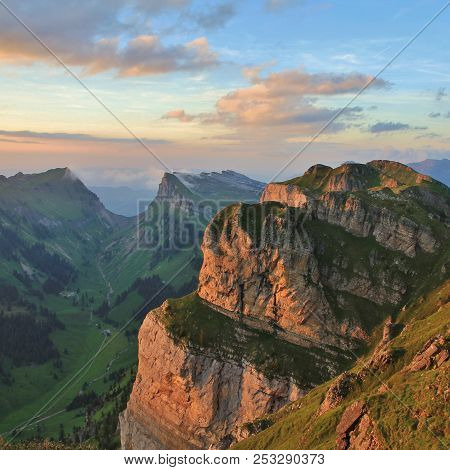 View From Mount Niederhorn Landscape In The Bernese Oberland. Swiss Alps. Mount Gemmenalphorn.